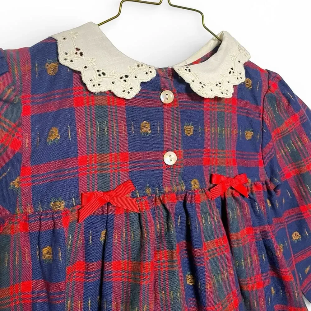 Vintage girls red blue Plaid teddy bear Dress with Lace Collar trim bows size 5